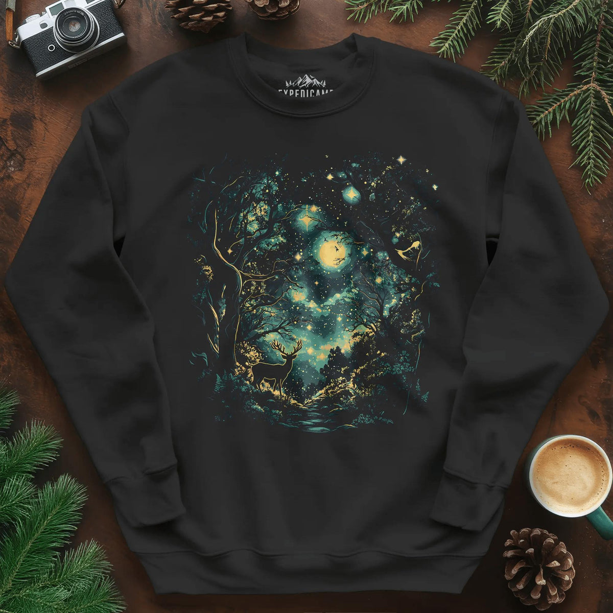 Enchanted Forest Deer Sweatshirt – Black – Outdoor apparel for travel, hiking, camping, and nature lovers – ExpediCamp