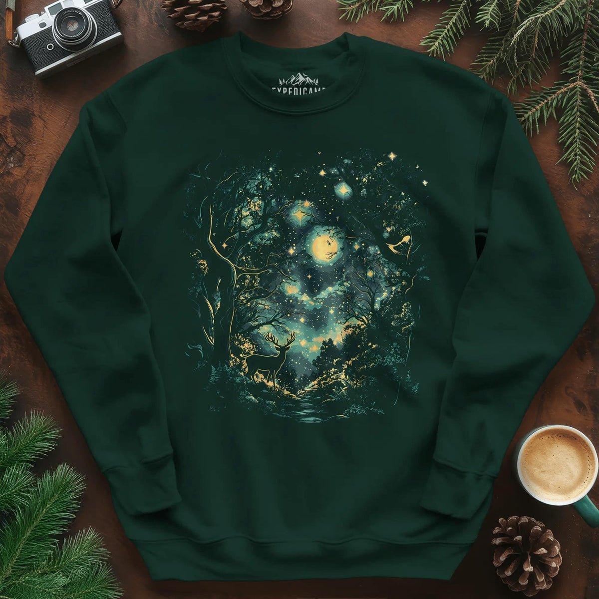 Enchanted Forest Deer Sweatshirt – Forest Green – Outdoor apparel for travel, hiking, camping, and nature lovers – ExpediCamp