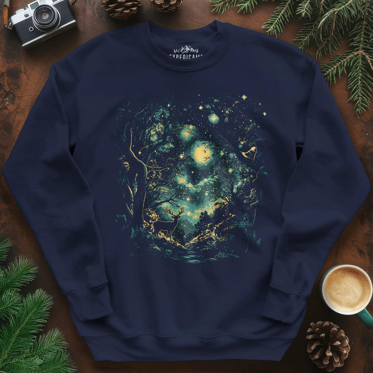 Enchanted Forest Deer Sweatshirt – Navy – Outdoor apparel for travel, hiking, camping, and nature lovers – ExpediCamp