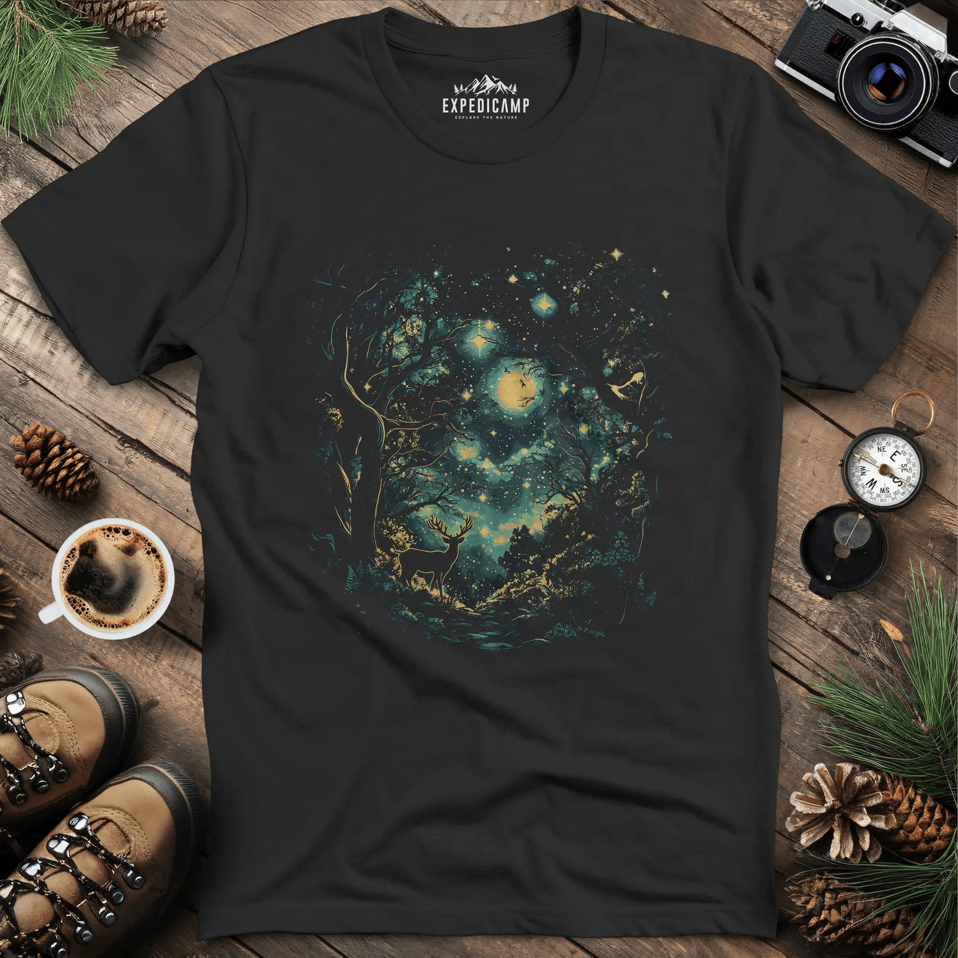 Enchanted Forest Deer T-Shirt – Black – Outdoor apparel for travel, hiking, camping, and nature lovers – ExpediCamp