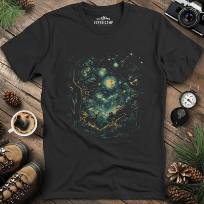 Enchanted Forest Deer T-Shirt – Black – Outdoor apparel for travel, hiking, camping, and nature lovers – ExpediCamp