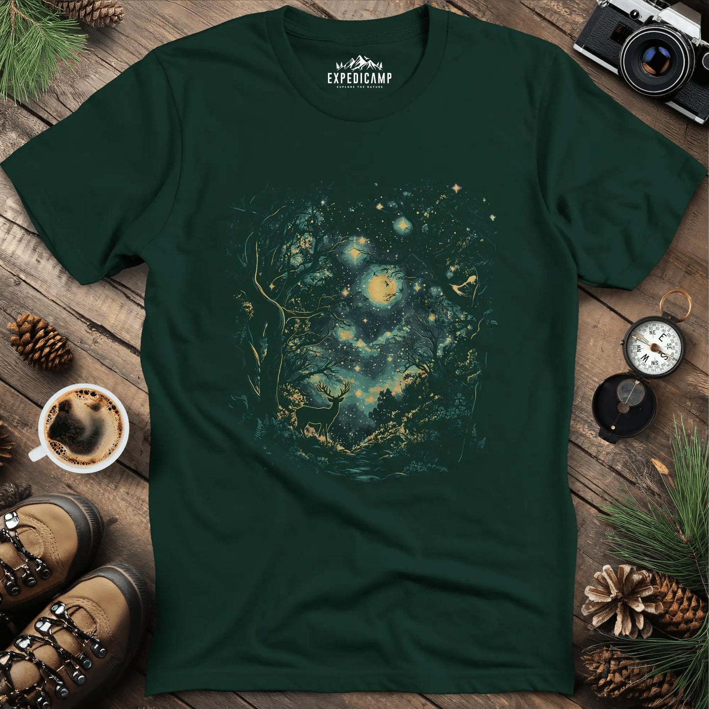 Enchanted Forest Deer T-Shirt – Forest Green – Outdoor apparel for travel, hiking, camping, and nature lovers – ExpediCamp