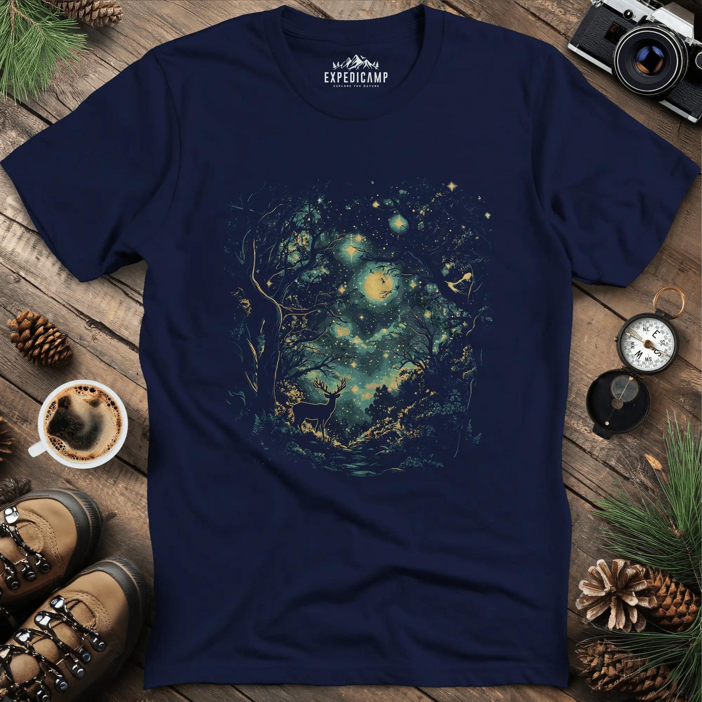 Enchanted Forest Deer T-Shirt – Navy – Outdoor apparel for travel, hiking, camping, and nature lovers – ExpediCamp