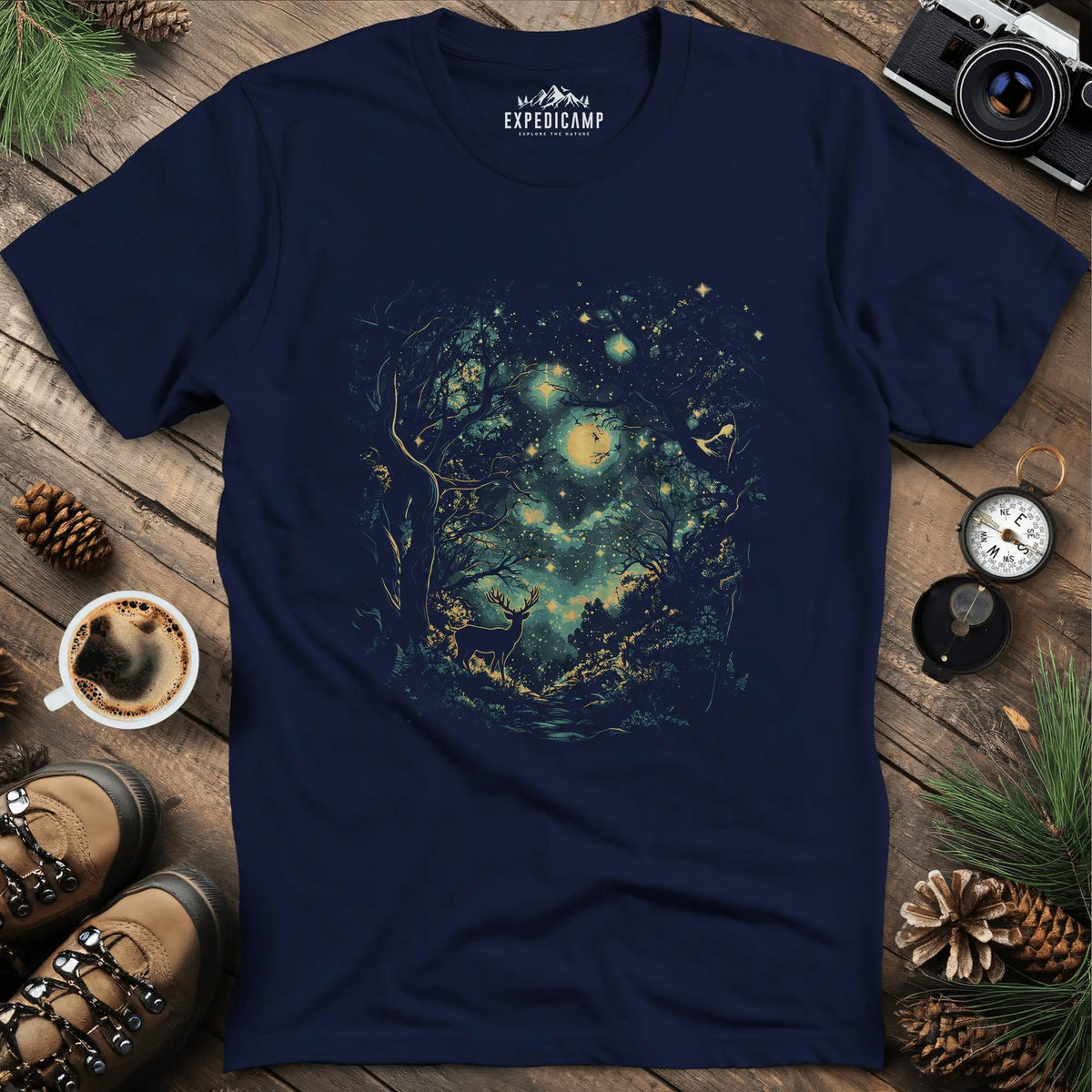 Enchanted Forest Deer T-Shirt – Navy – Outdoor apparel for travel, hiking, camping, and nature lovers – ExpediCamp
