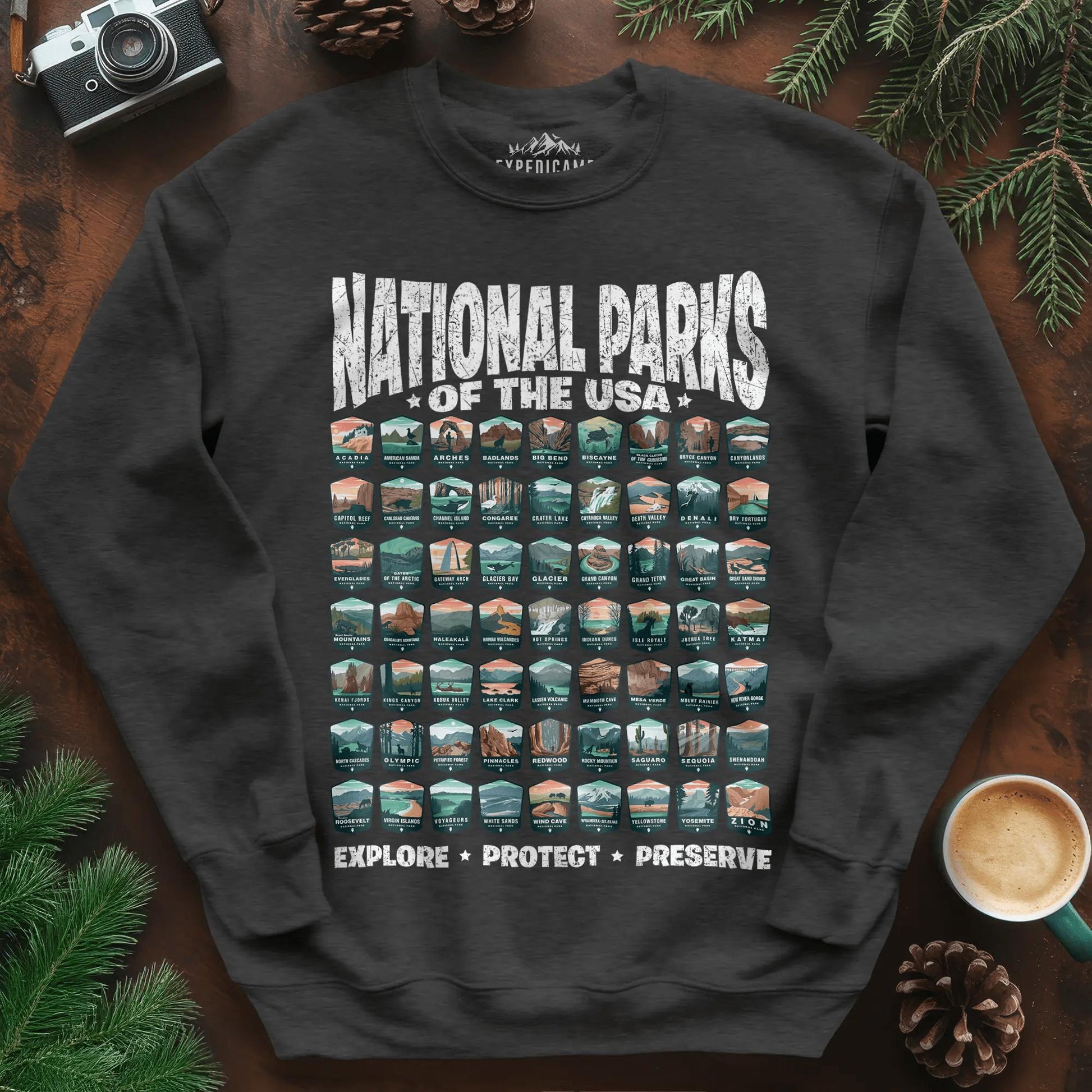 Explore All 63 National Parks of the USA Sweatshirt – Dark Heather – Outdoor apparel for travel, hiking, camping, and nature lovers – ExpediCamp