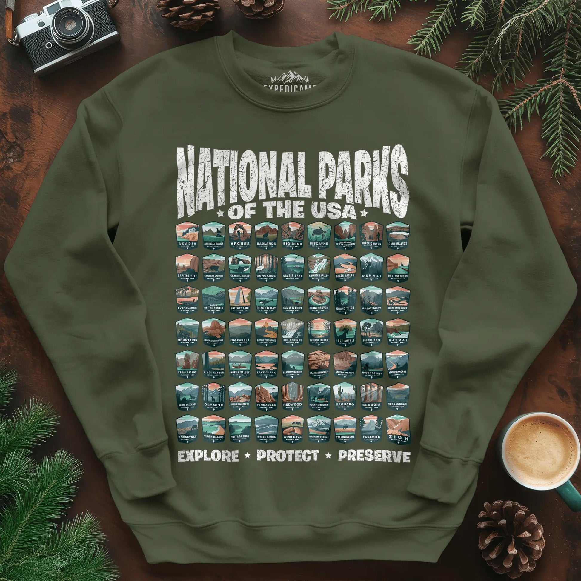 Explore All 63 National Parks of the USA Sweatshirt – Military Green – Outdoor apparel for travel, hiking, camping, and nature lovers – ExpediCamp