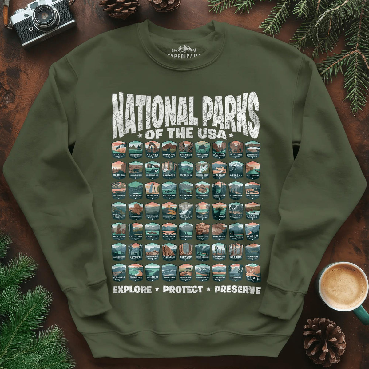 Explore All 63 National Parks of the USA Sweatshirt – Military Green – Outdoor apparel for travel, hiking, camping, and nature lovers – ExpediCamp