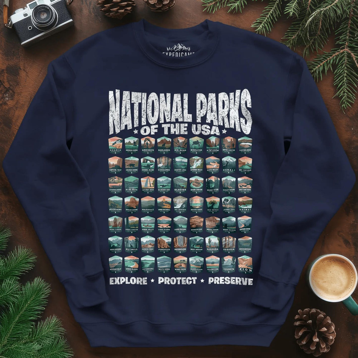 Explore All 63 National Parks of the USA Sweatshirt – Navy – Outdoor apparel for travel, hiking, camping, and nature lovers – ExpediCamp