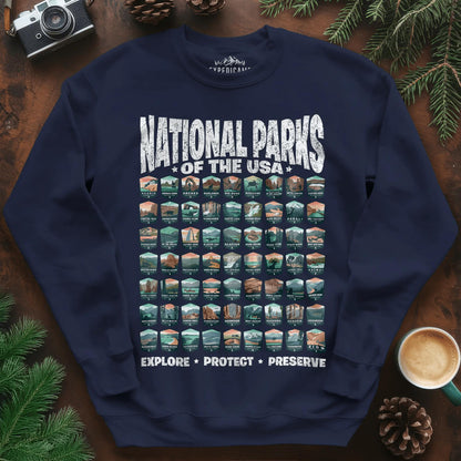 Explore All 63 National Parks of the USA Sweatshirt – Navy – Outdoor apparel for travel, hiking, camping, and nature lovers – ExpediCamp