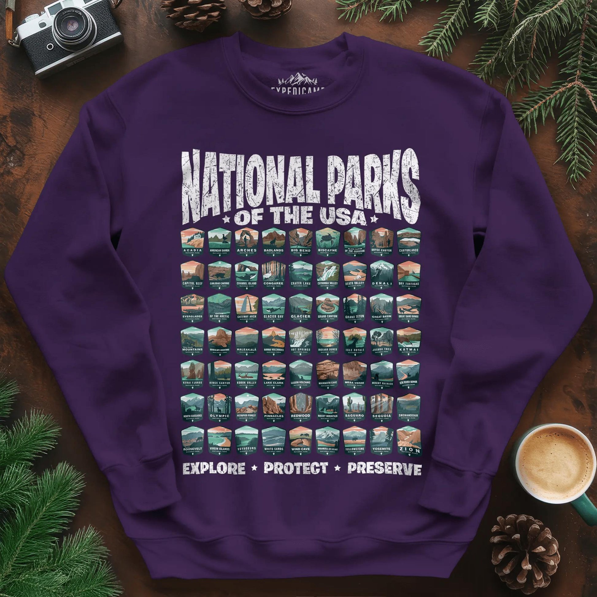 Explore All 63 National Parks of the USA Sweatshirt – Purple – Outdoor apparel for travel, hiking, camping, and nature lovers – ExpediCamp