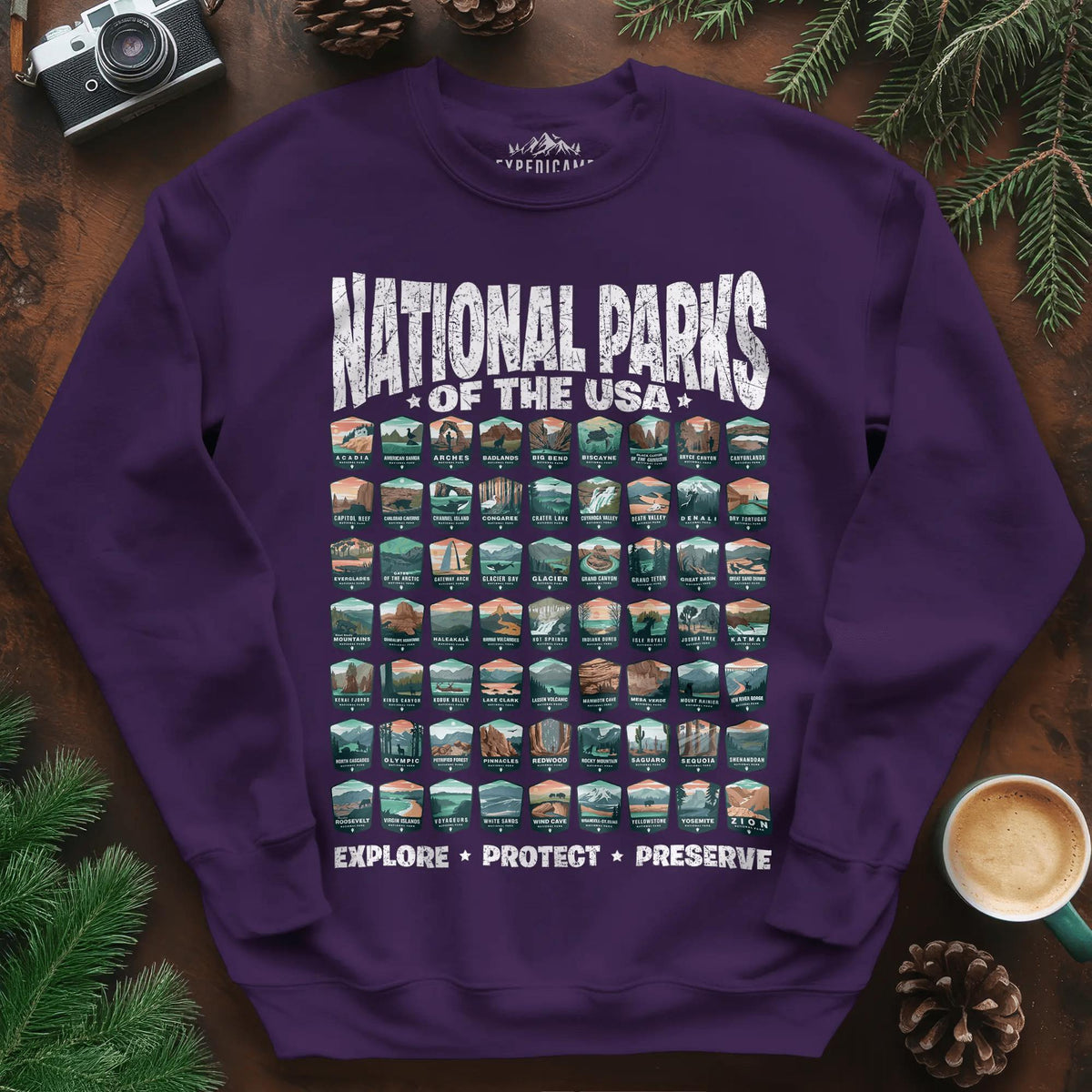 Explore All 63 National Parks of the USA Sweatshirt – Purple – Outdoor apparel for travel, hiking, camping, and nature lovers – ExpediCamp