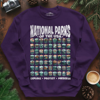 Explore All 63 National Parks of the USA Sweatshirt – Purple – Outdoor apparel for travel, hiking, camping, and nature lovers – ExpediCamp