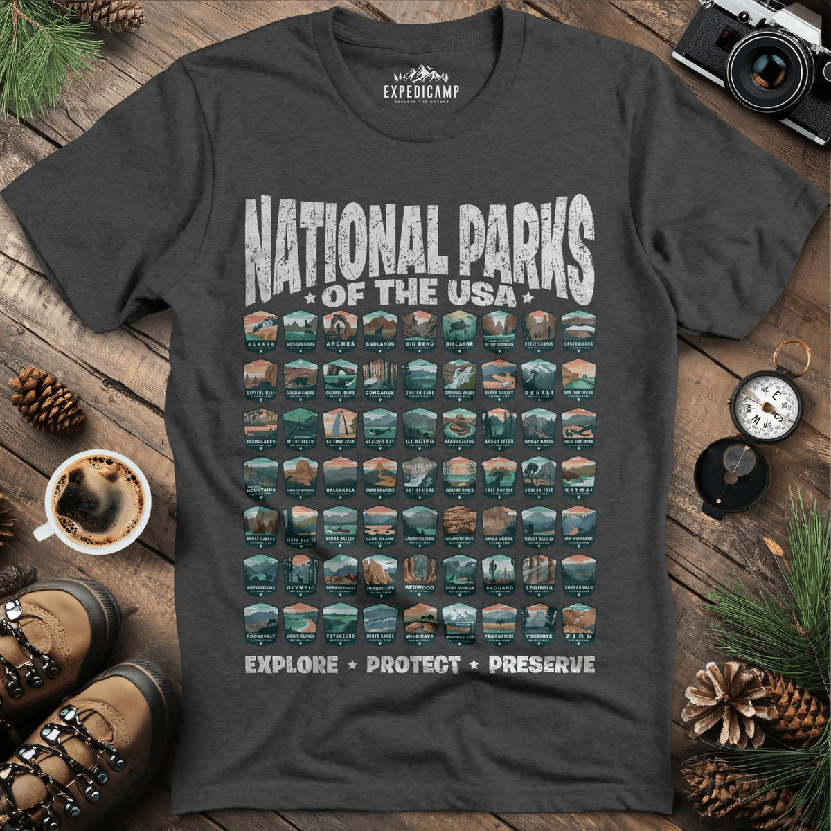 Explore All 63 National Parks of the USA T-Shirt – Dark Heather – Outdoor apparel for travel, hiking, camping, and nature lovers – ExpediCamp