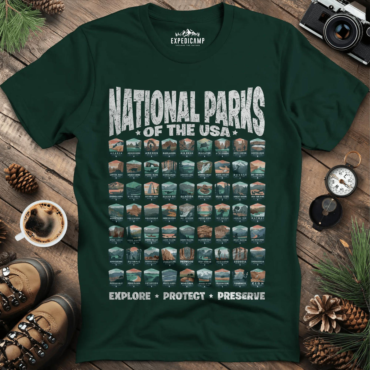 Explore All 63 National Parks of the USA T-Shirt – Forest Green – Outdoor apparel for travel, hiking, camping, and nature lovers – ExpediCamp