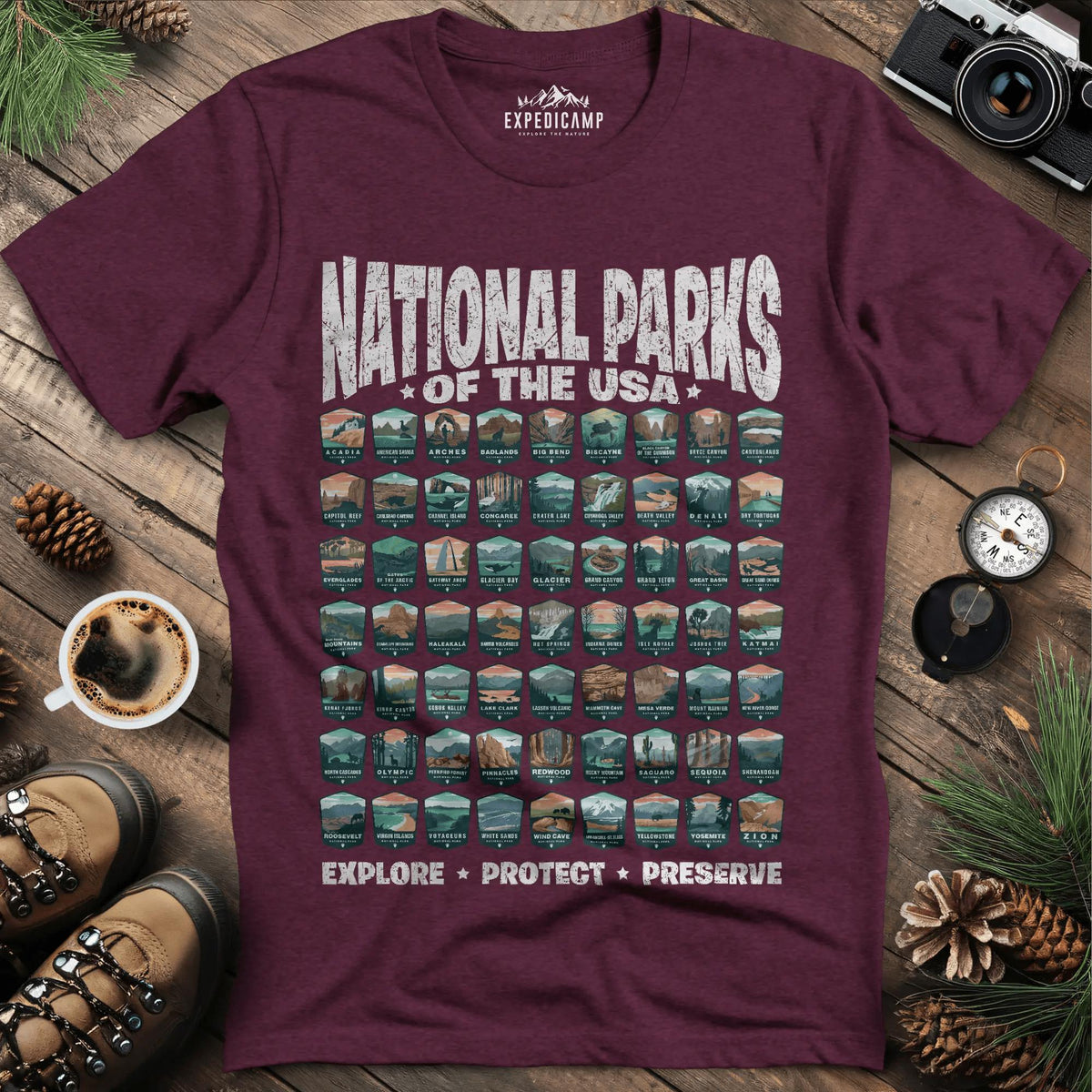 Explore All 63 National Parks of the USA T-Shirt – Heather Maroon – Outdoor apparel for travel, hiking, camping, and nature lovers – ExpediCamp