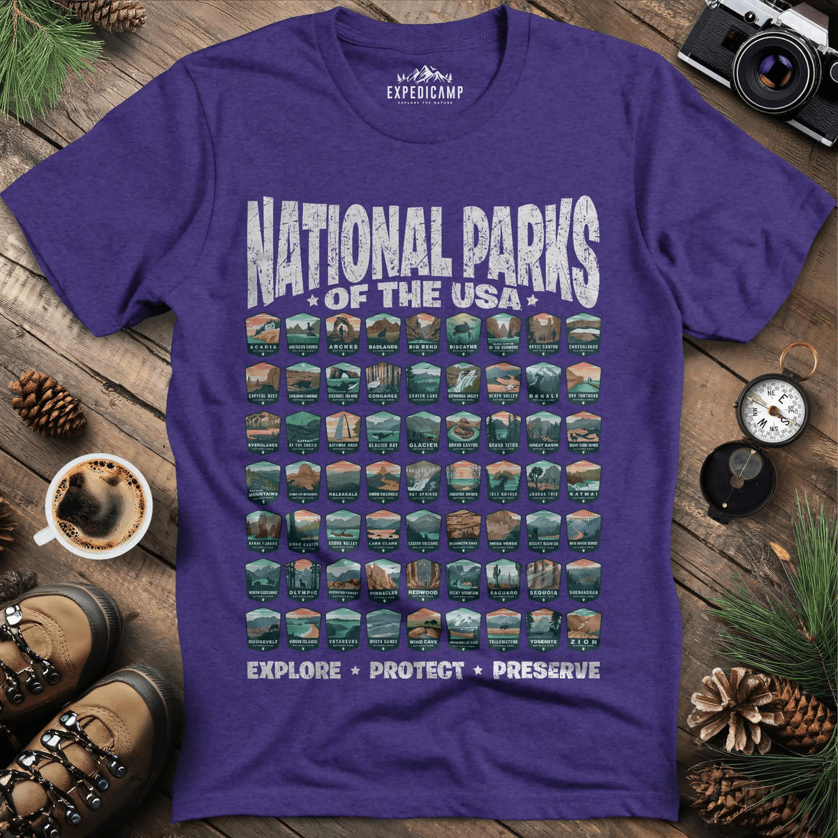 Explore All 63 National Parks of the USA T-Shirt – Heather Purple – Outdoor apparel for travel, hiking, camping, and nature lovers – ExpediCamp