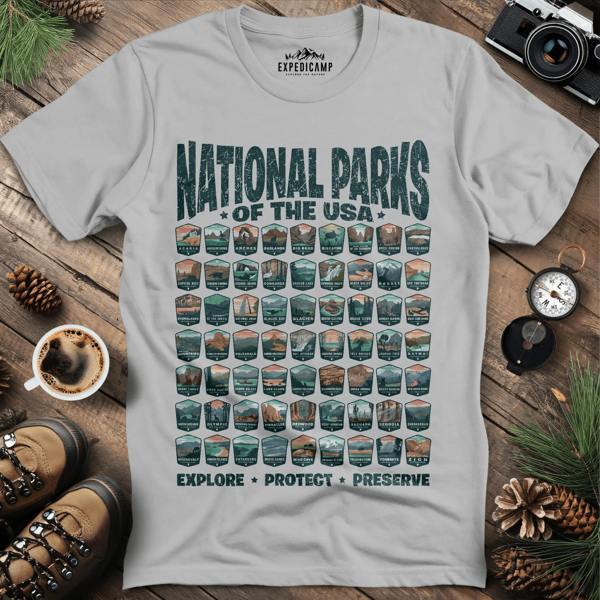 Explore All 63 National Parks of the USA T-Shirt – Ice Grey – Outdoor apparel for travel, hiking, camping, and nature lovers – ExpediCamp
