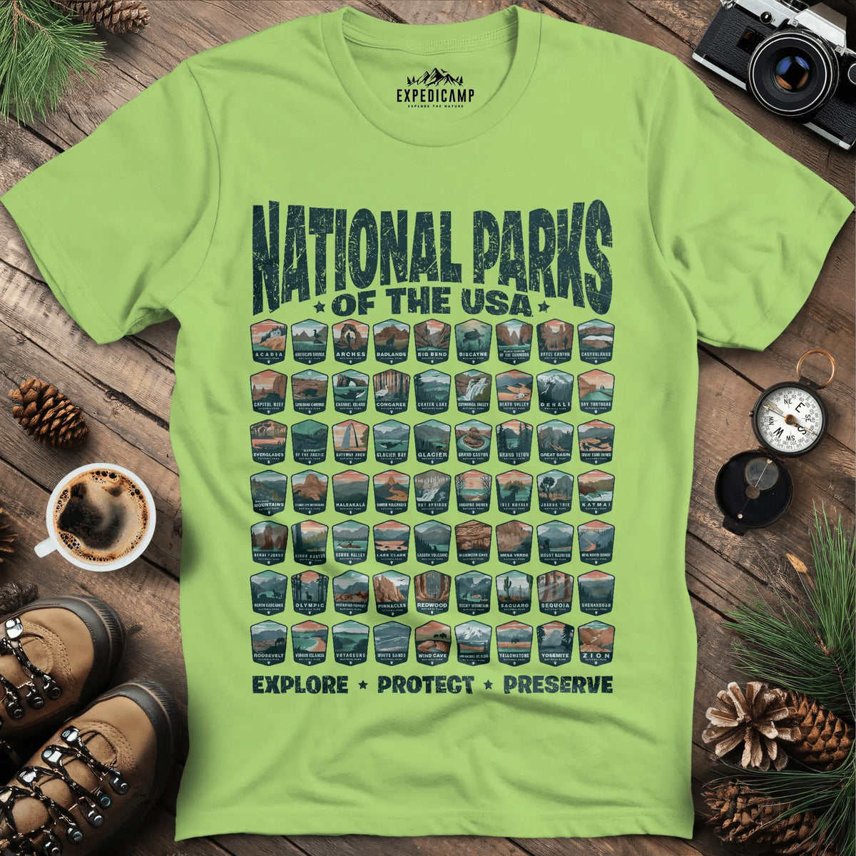 Explore All 63 National Parks of the USA T-Shirt – Kiwi – Outdoor apparel for travel, hiking, camping, and nature lovers – ExpediCamp
