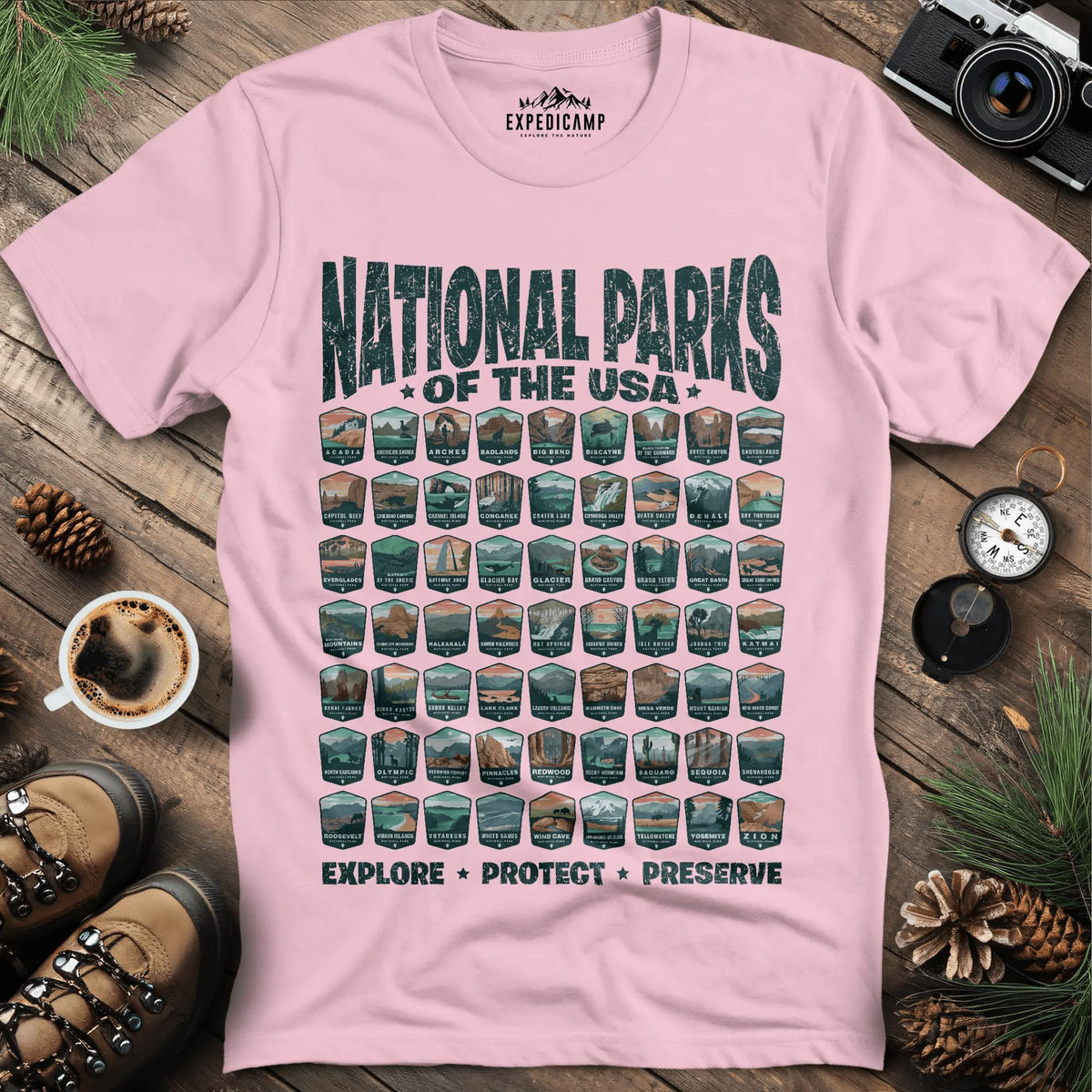 Explore All 63 National Parks of the USA T-Shirt – Light Pink – Outdoor apparel for travel, hiking, camping, and nature lovers – ExpediCamp