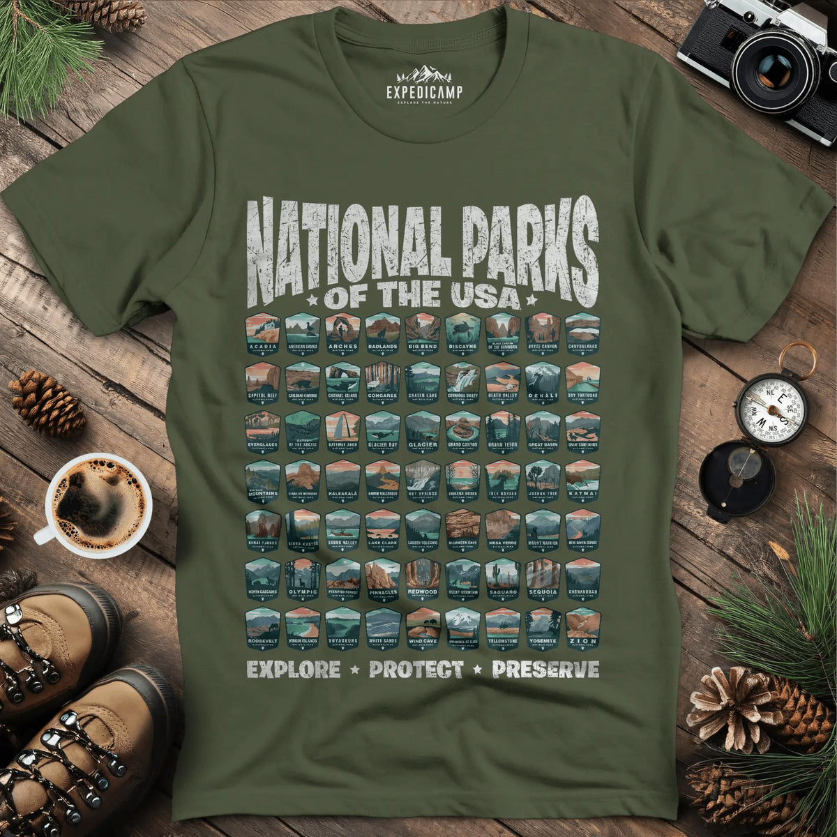 Explore All 63 National Parks of the USA T-Shirt – Military Green – Outdoor apparel for travel, hiking, camping, and nature lovers – ExpediCamp