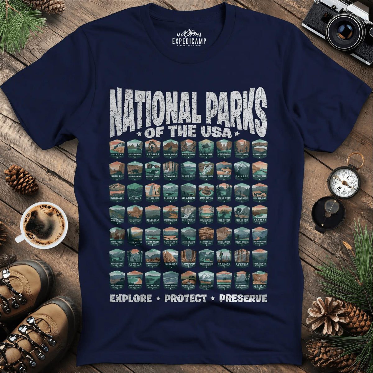 Explore All 63 National Parks of the USA T-Shirt – Navy – Outdoor apparel for travel, hiking, camping, and nature lovers – ExpediCamp