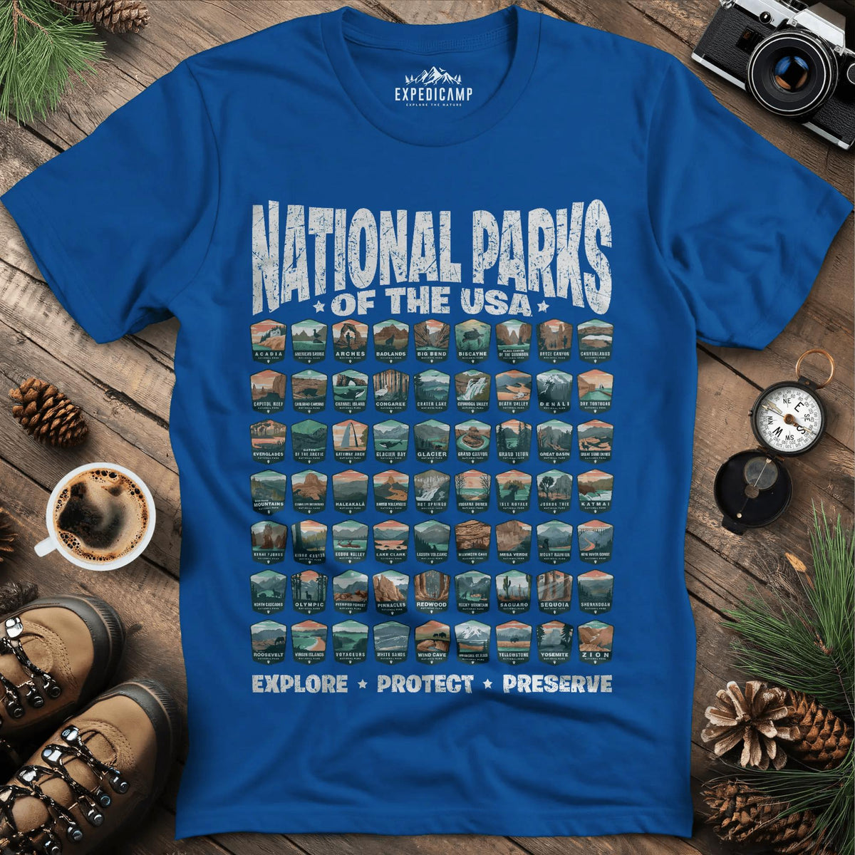 Explore All 63 National Parks of the USA T-Shirt – Royal – Outdoor apparel for travel, hiking, camping, and nature lovers – ExpediCamp