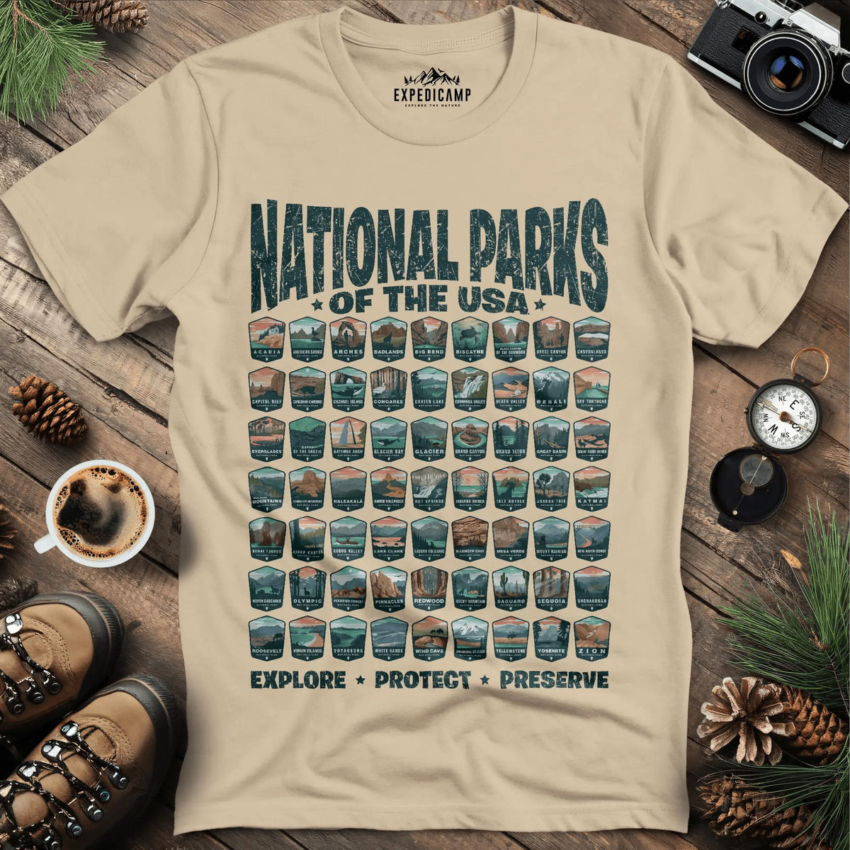 Explore All 63 National Parks of the USA T-Shirt – Sand – Outdoor apparel for travel, hiking, camping, and nature lovers – ExpediCamp