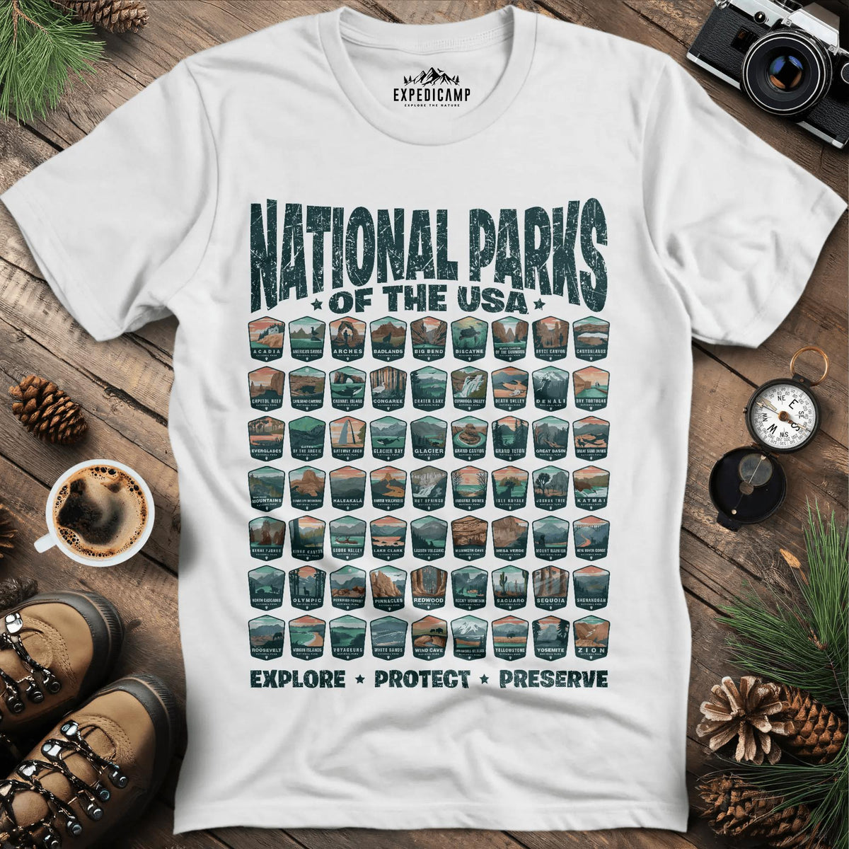 Explore All 63 National Parks of the USA T-Shirt – White – Outdoor apparel for travel, hiking, camping, and nature lovers – ExpediCamp