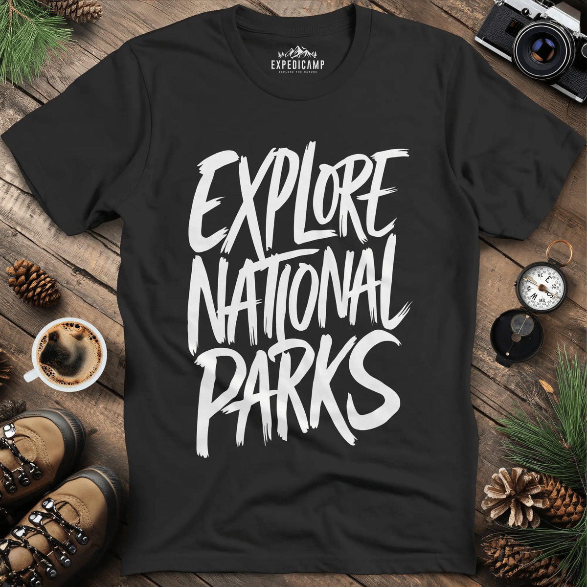 Explore National Parks T-Shirt – Black – Outdoor apparel for travel, hiking, camping, and nature lovers – ExpediCamp