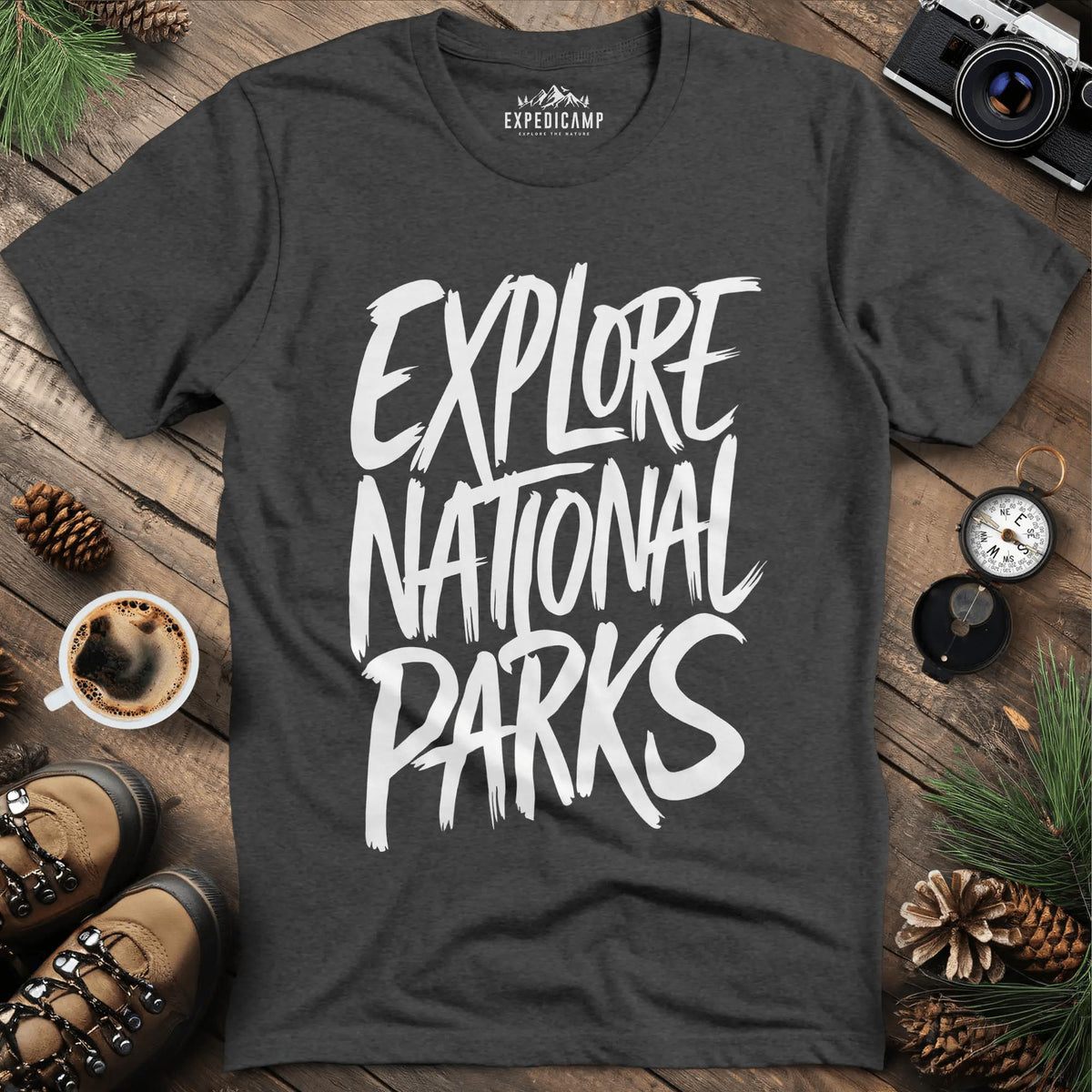 Explore National Parks T-Shirt – Dark Heather – Outdoor apparel for travel, hiking, camping, and nature lovers – ExpediCamp