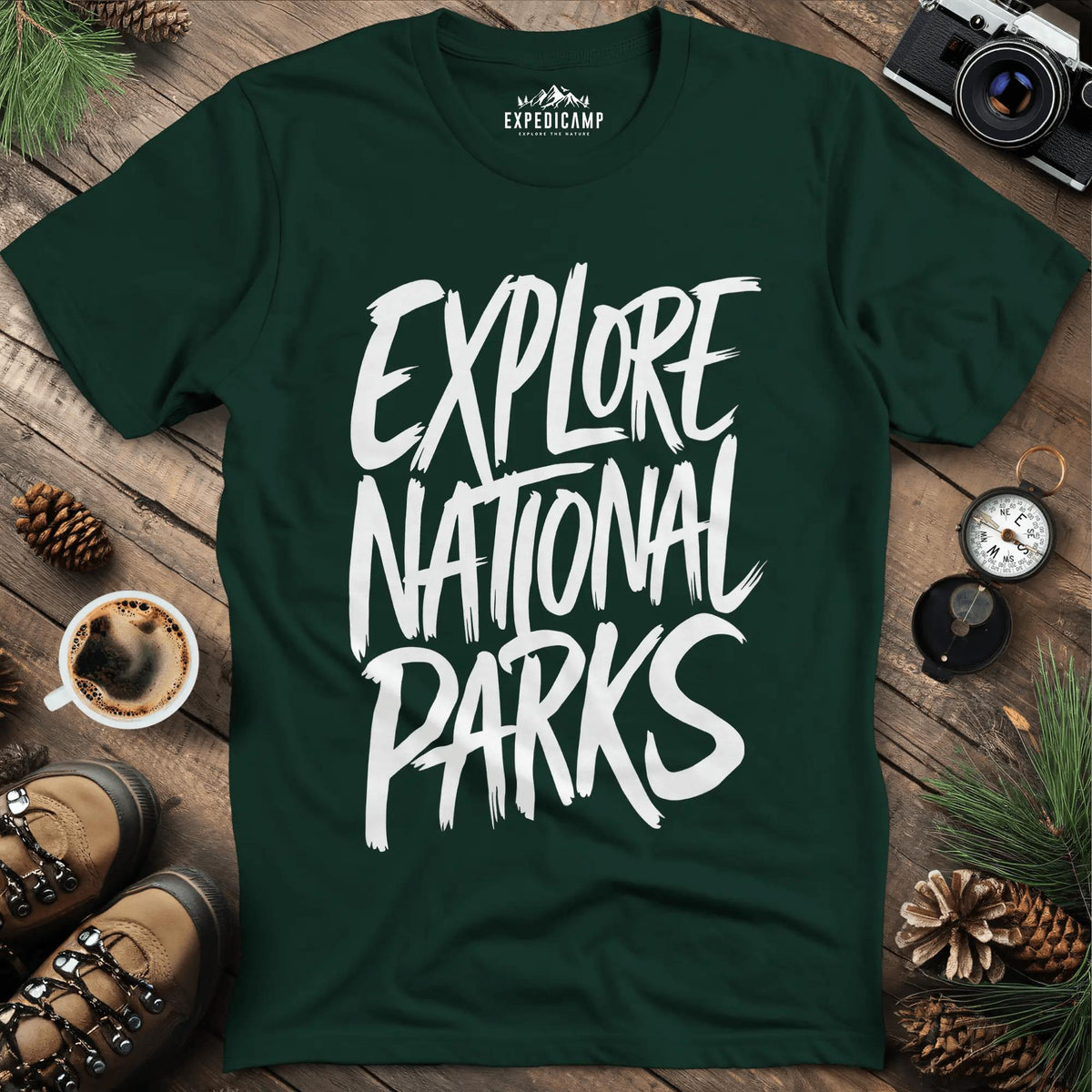 Explore National Parks T-Shirt – Forest Green – Outdoor apparel for travel, hiking, camping, and nature lovers – ExpediCamp