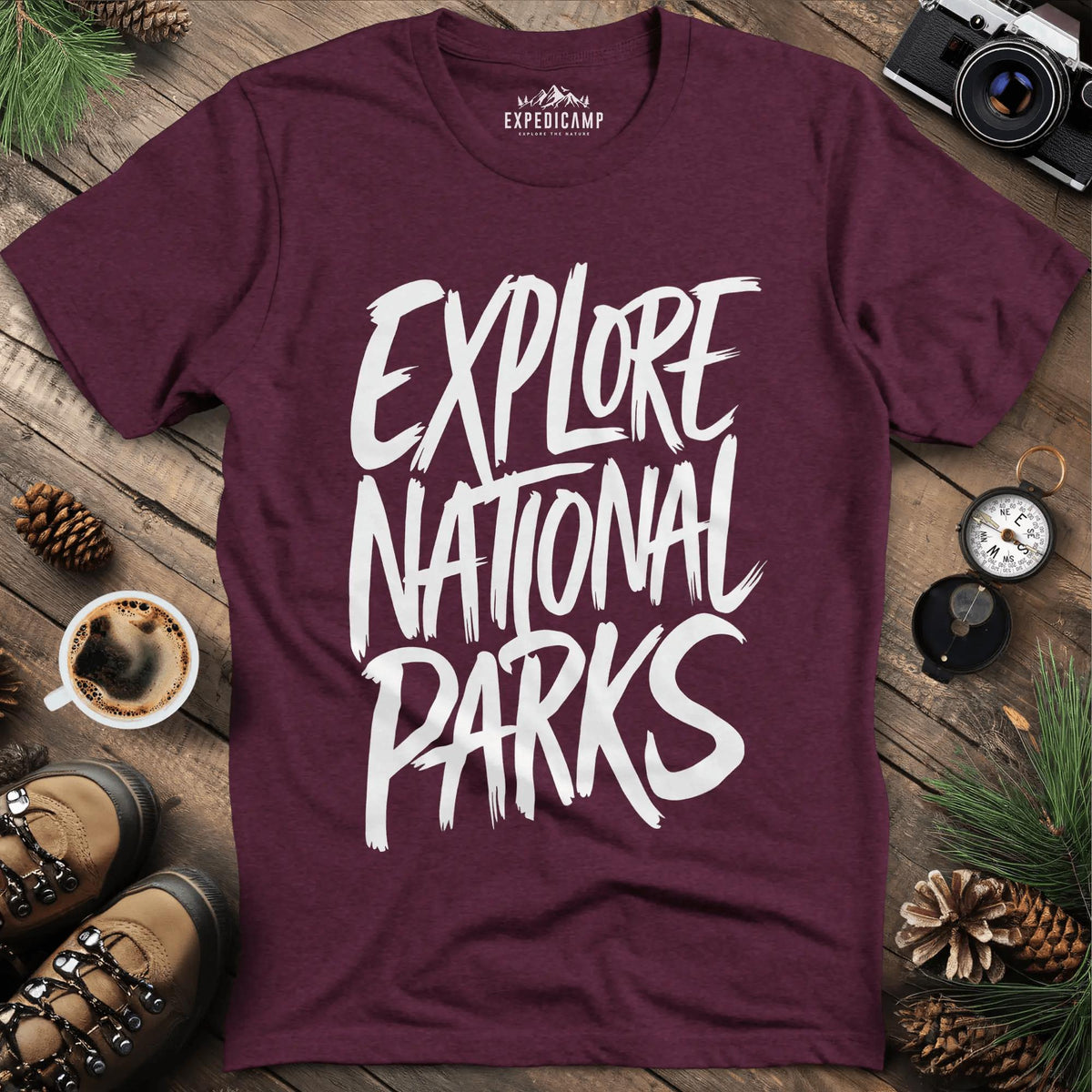 Explore National Parks T-Shirt – Heather Maroon – Outdoor apparel for travel, hiking, camping, and nature lovers – ExpediCamp