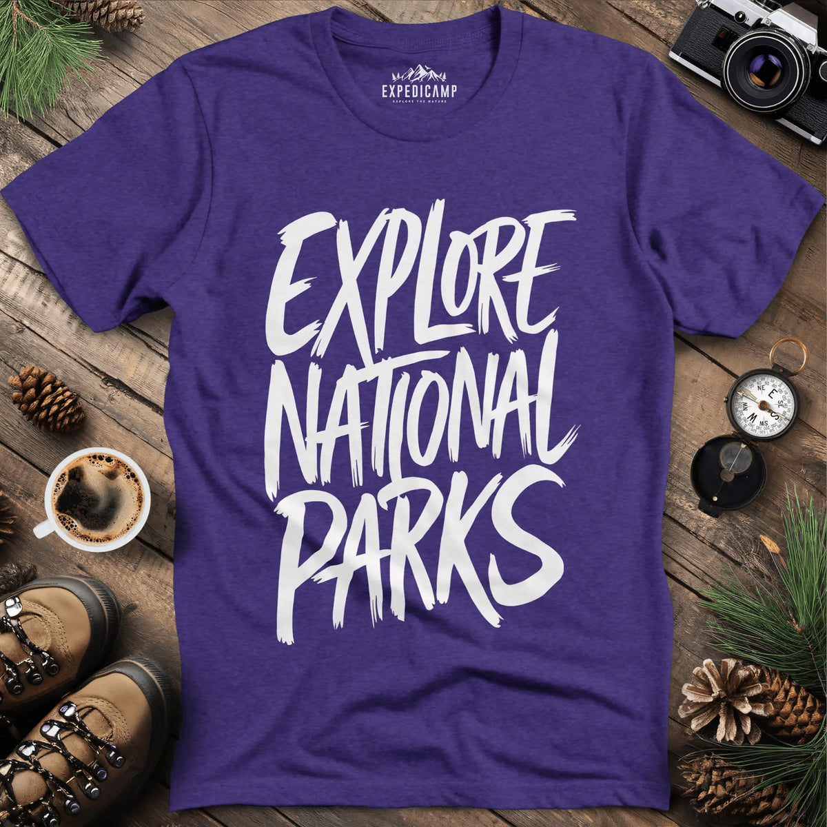 Explore National Parks T-Shirt – Heather Purple – Outdoor apparel for travel, hiking, camping, and nature lovers – ExpediCamp