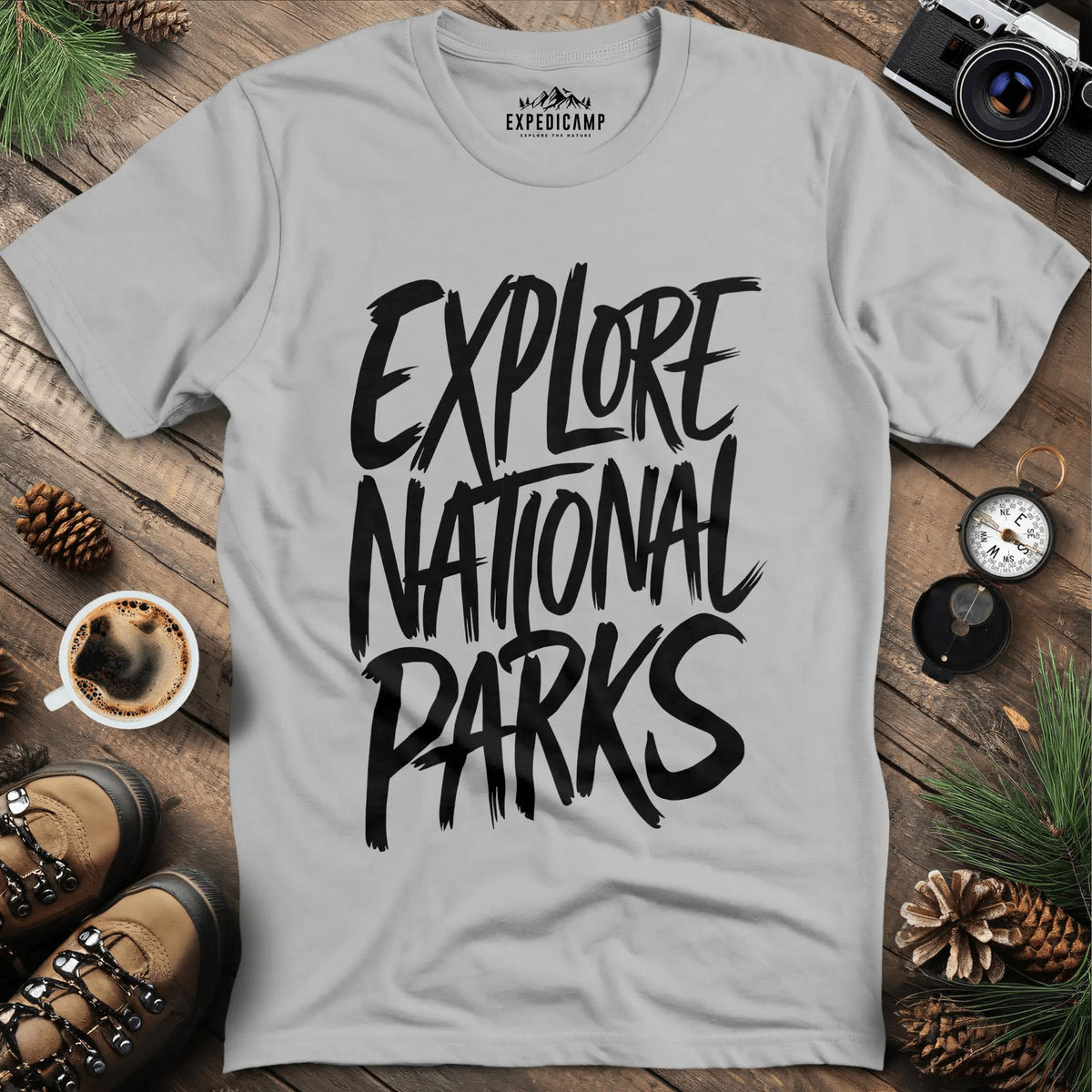 Explore National Parks T-Shirt – Ice Grey – Outdoor apparel for travel, hiking, camping, and nature lovers – ExpediCamp