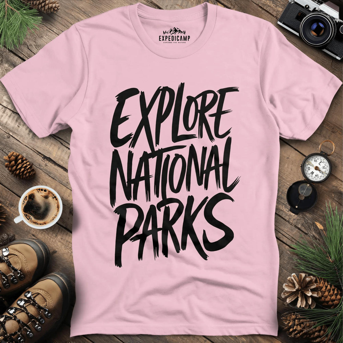 Explore National Parks T-Shirt – Light Pink – Outdoor apparel for travel, hiking, camping, and nature lovers – ExpediCamp