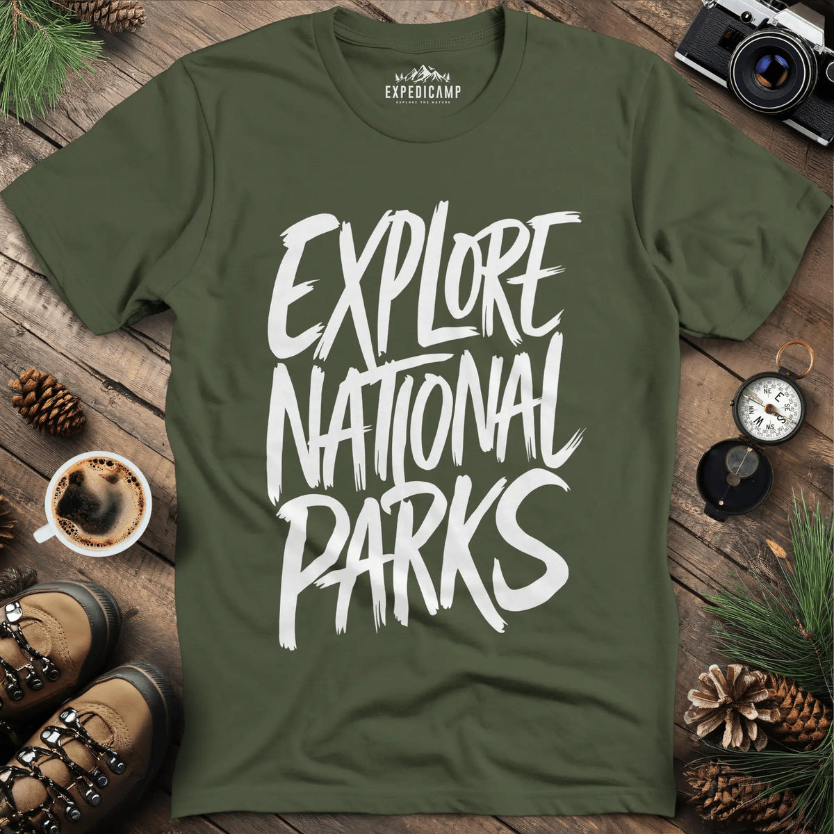 Explore National Parks T-Shirt – Military Green – Outdoor apparel for travel, hiking, camping, and nature lovers – ExpediCamp