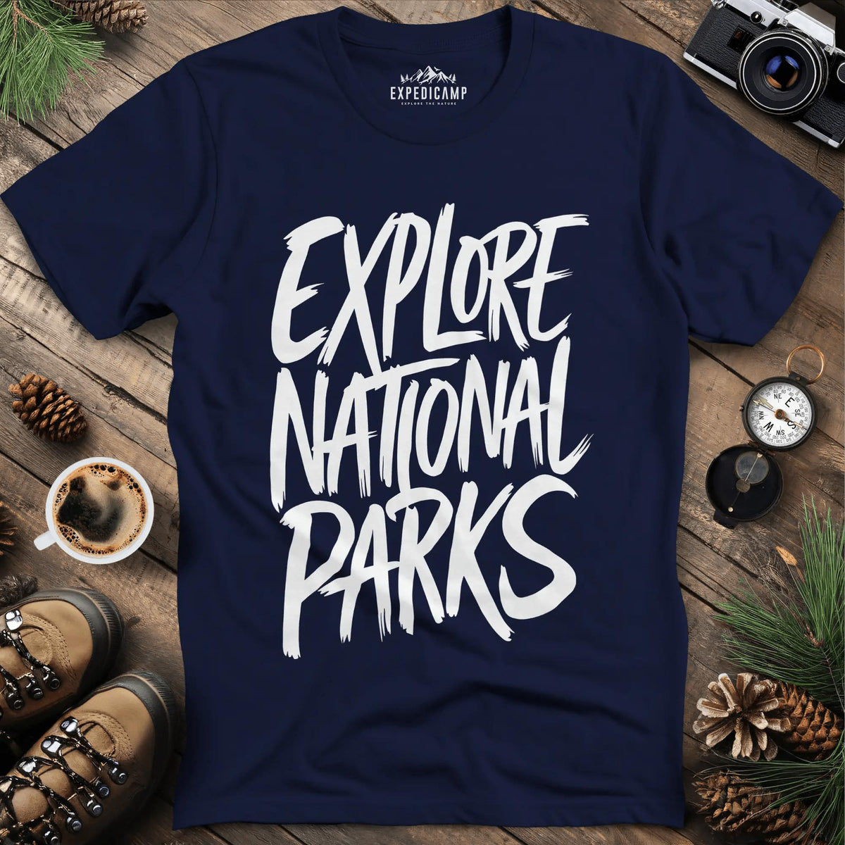 Explore National Parks T-Shirt – Navy – Outdoor apparel for travel, hiking, camping, and nature lovers – ExpediCamp