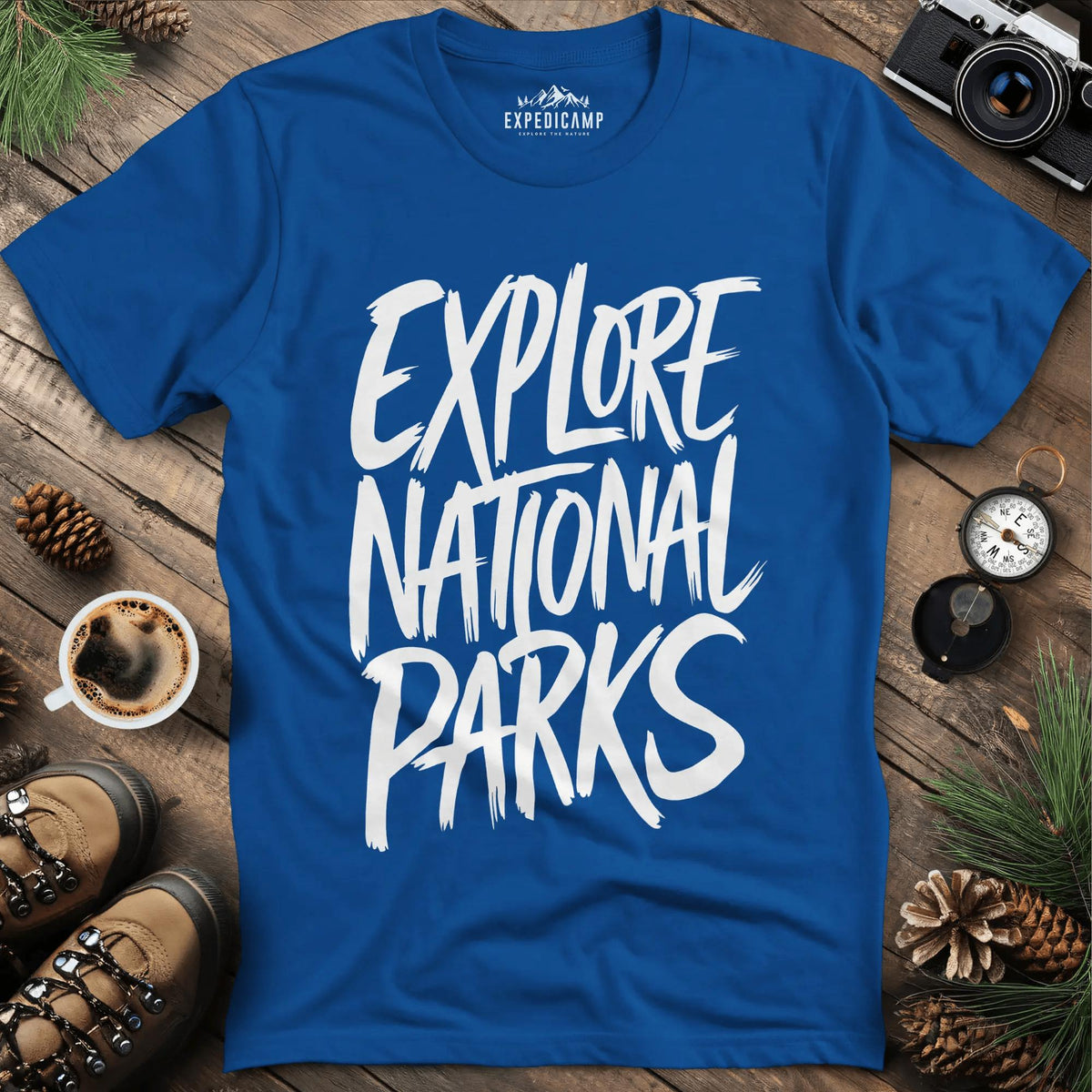 Explore National Parks T-Shirt – Royal – Outdoor apparel for travel, hiking, camping, and nature lovers – ExpediCamp