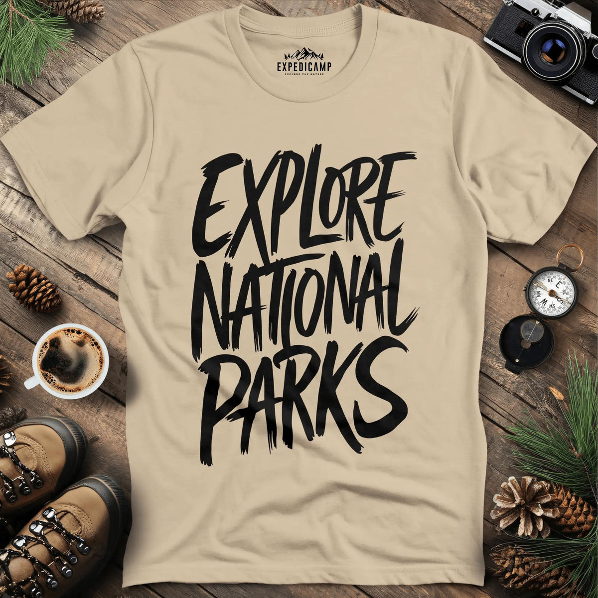 Explore National Parks T-Shirt – Sand – Outdoor apparel for travel, hiking, camping, and nature lovers – ExpediCamp