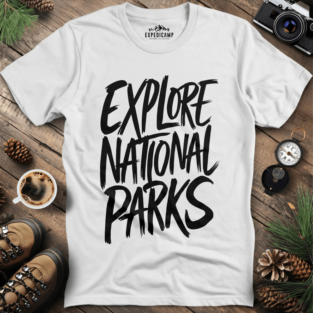 Explore National Parks T-Shirt – White – Outdoor apparel for travel, hiking, camping, and nature lovers – ExpediCamp