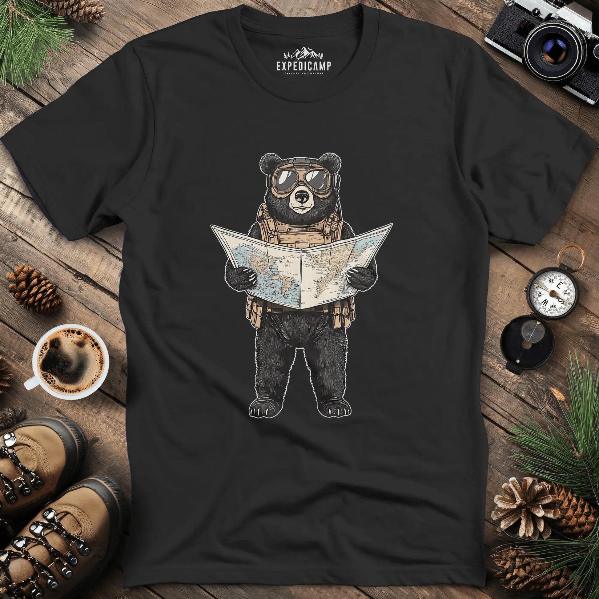 Explorer Bear with Map T-Shirt – Black – Outdoor apparel for travel, hiking, camping, and nature lovers – ExpediCamp