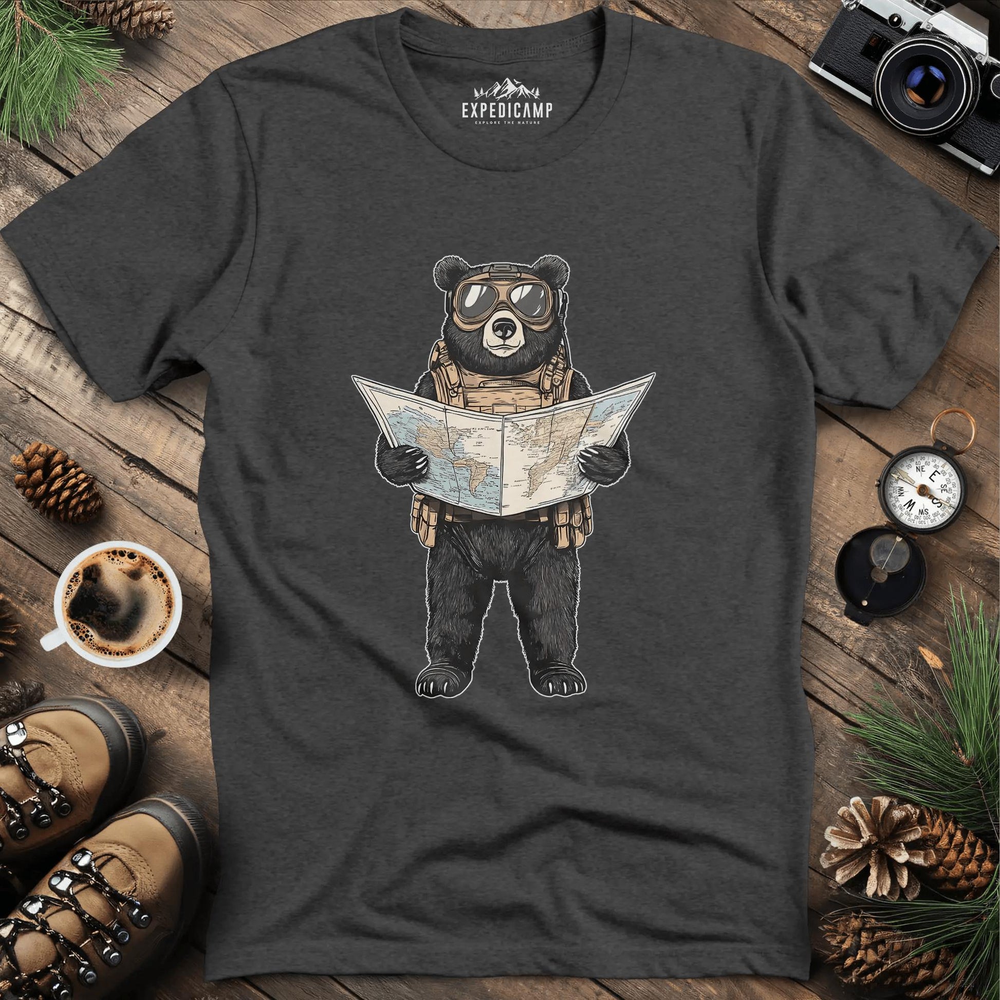 Explorer Bear with Map T-Shirt – Dark Heather – Outdoor apparel for travel, hiking, camping, and nature lovers – ExpediCamp