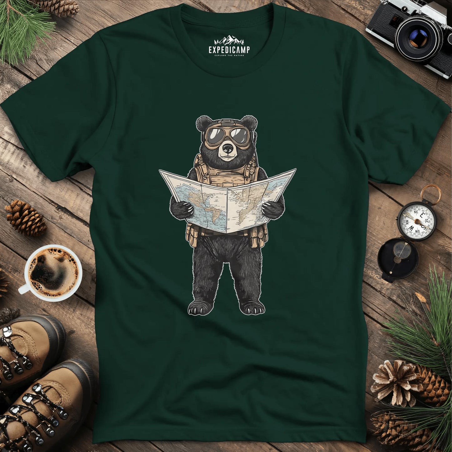 Explorer Bear with Map T-Shirt – Forest Green – Outdoor apparel for travel, hiking, camping, and nature lovers – ExpediCamp