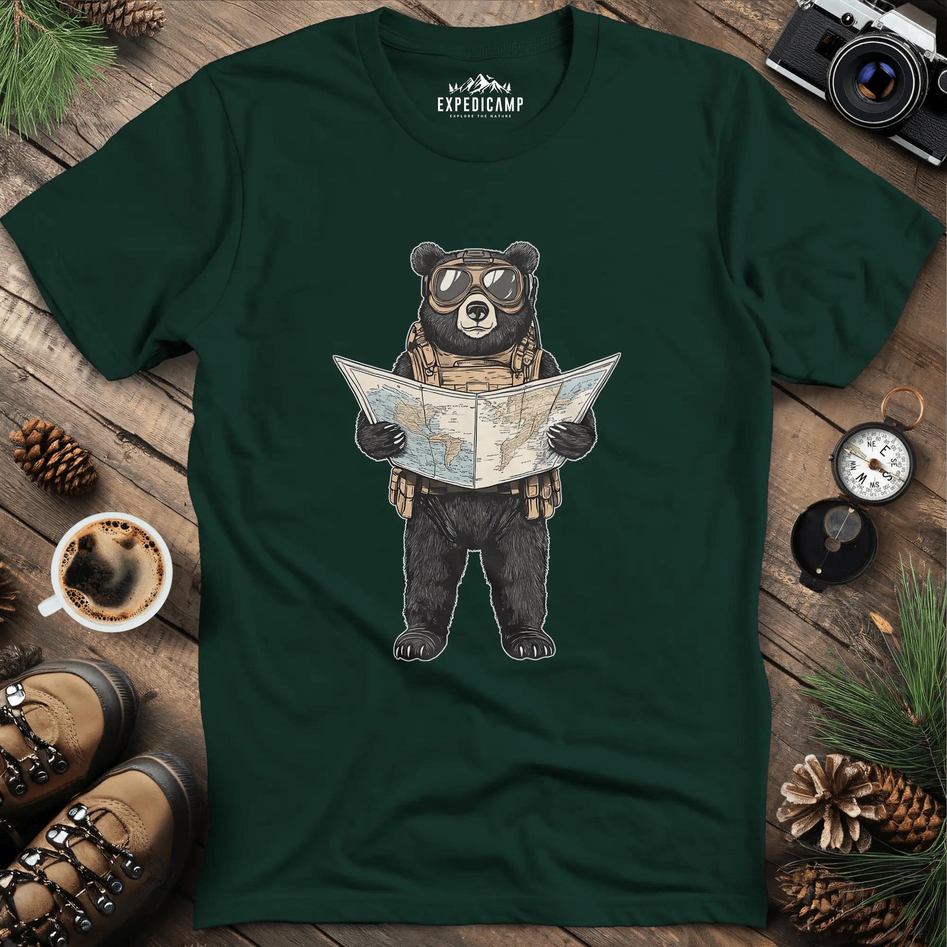 Explorer Bear with Map T-Shirt – Forest Green – Outdoor apparel for travel, hiking, camping, and nature lovers – ExpediCamp