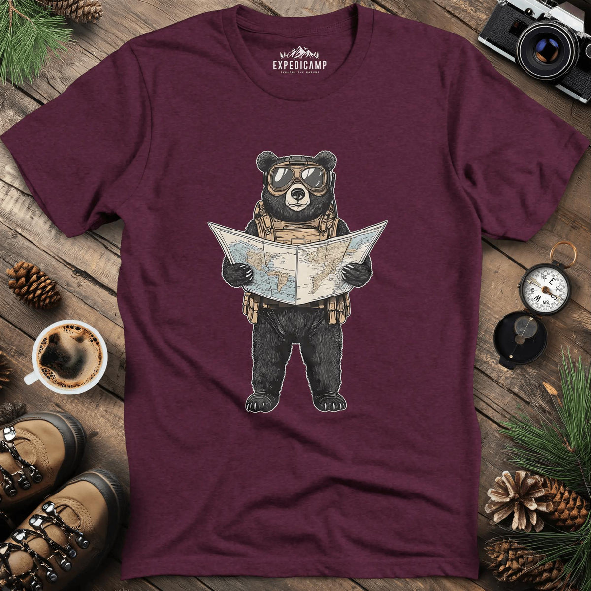 Explorer Bear with Map T-Shirt – Heather Maroon – Outdoor apparel for travel, hiking, camping, and nature lovers – ExpediCamp