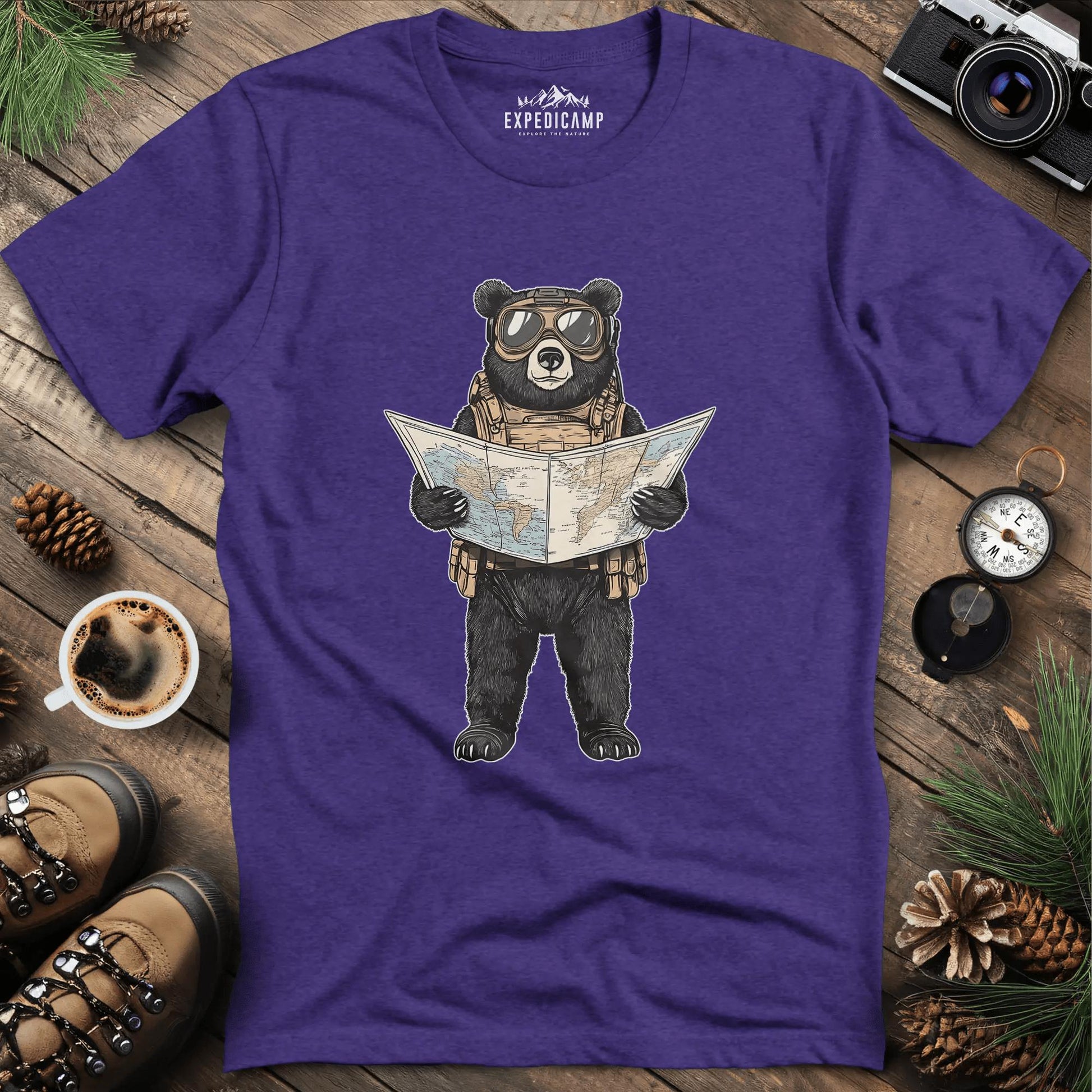 Explorer Bear with Map T-Shirt – Heather Purple – Outdoor apparel for travel, hiking, camping, and nature lovers – ExpediCamp