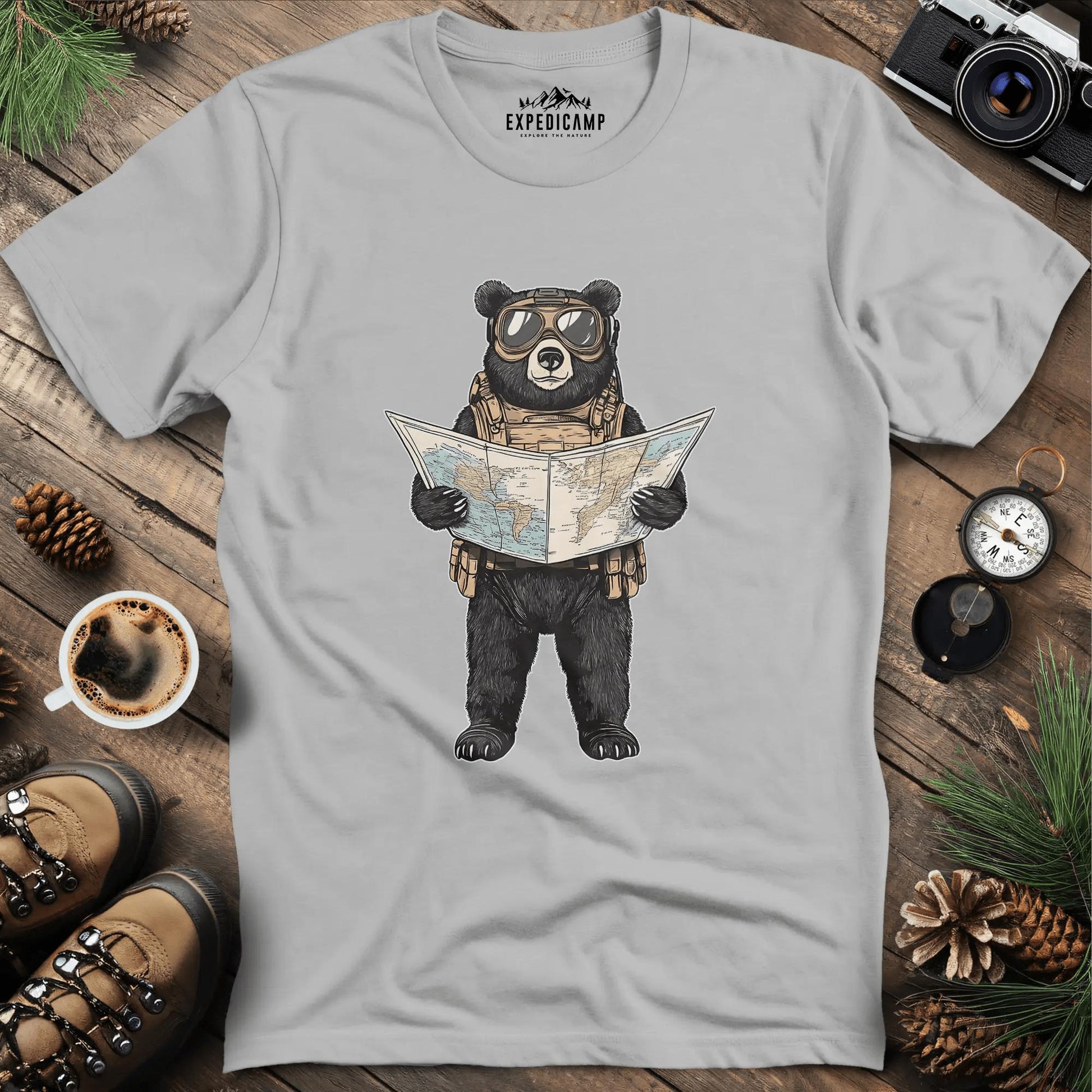 Explorer Bear with Map T-Shirt – Ice Grey – Outdoor apparel for travel, hiking, camping, and nature lovers – ExpediCamp