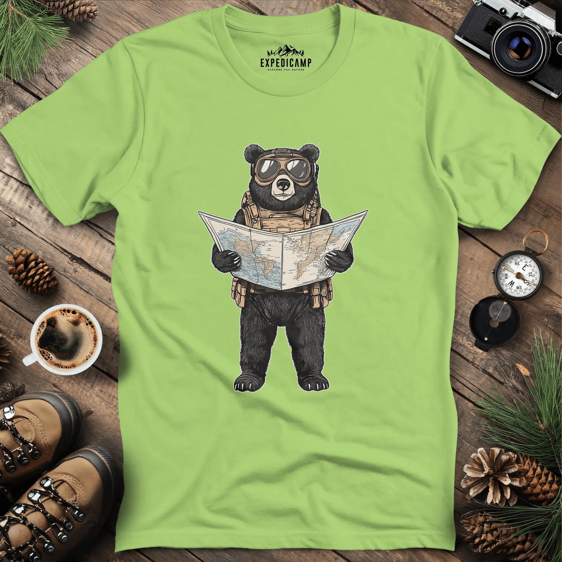 Explorer Bear with Map T-Shirt – Kiwi – Outdoor apparel for travel, hiking, camping, and nature lovers – ExpediCamp