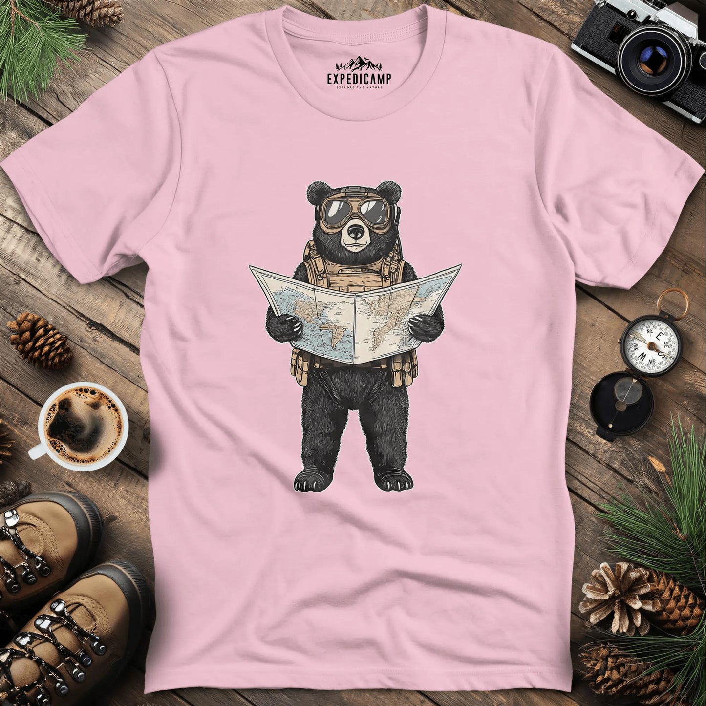 Explorer Bear with Map T-Shirt – Light Pink – Outdoor apparel for travel, hiking, camping, and nature lovers – ExpediCamp
