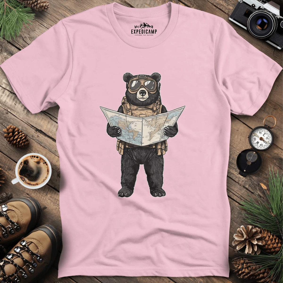 Explorer Bear with Map T-Shirt – Light Pink – Outdoor apparel for travel, hiking, camping, and nature lovers – ExpediCamp
